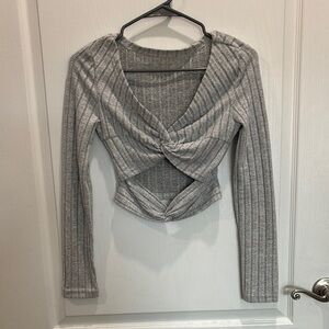 SHEIN Gray Ribbed Crop Blouse with Tie Front